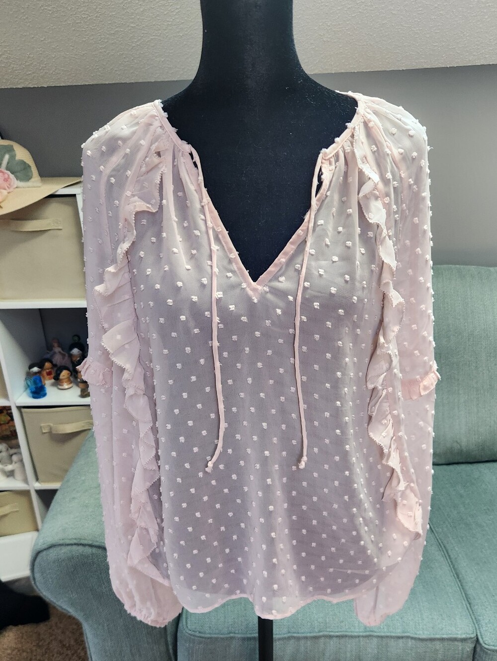 Express Sheer Swiss Dot Ruffle Peasant Blouse - Light Pink Small
